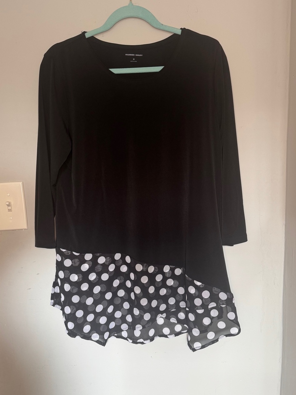 Allison Daley Black Polka Dot Hem Tunic Top Medium Layered Blouse - Picture 2 of 5